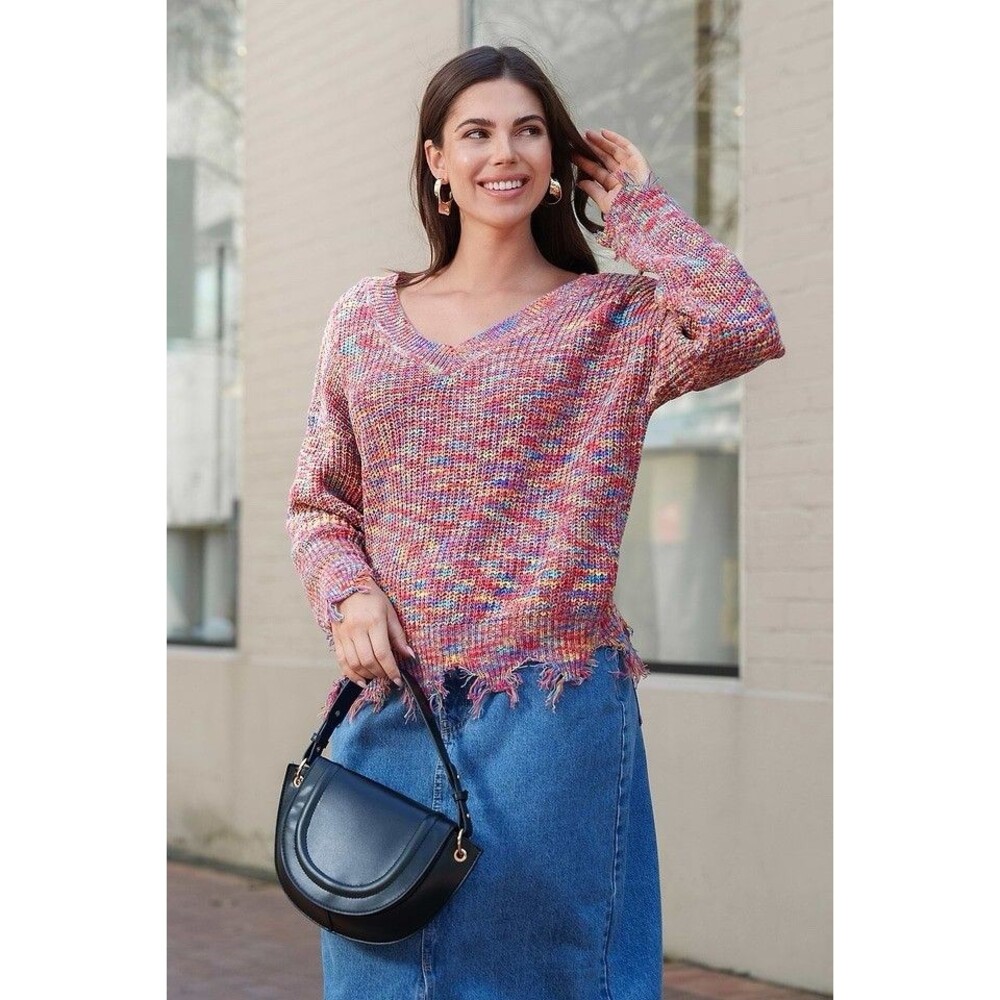 Cupshe Medium Sweater Ribbed V-neck Fringe Beach Boho Multi Stripe Women’s M NWT